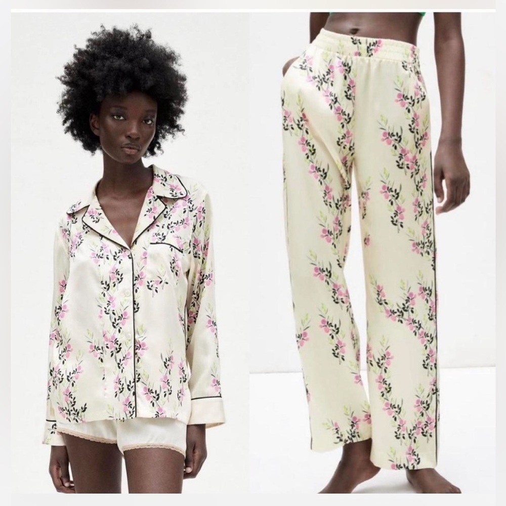 Zara suit Floral Pajama Set satin resort top M pants L luxury wedding guest fall
